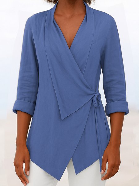 

V Neck Long Sleeve Plain Regular Micro-Elasticity Regular Fit Shirt For Women, Blue, Shirts