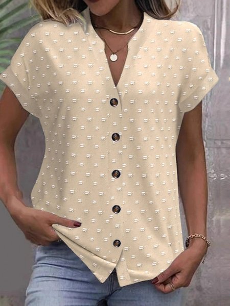 

Women Polka Dots Short Sleeve Tee T-shirt V Neck Jacquard Casual Summer Top, Apricot, T-Shirts