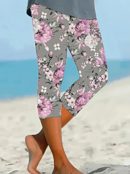 

Women Floral Capris Elastic Waist Pants Casual Summer Trousers, Gray, Leggings
