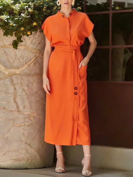 

Elegant Plain Buttoned Midi Dress With Belt, Orange, Midi Dresses