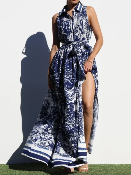 

Vacation Tropical Maxi Dress With Belt, As picture, Maxi Dresses