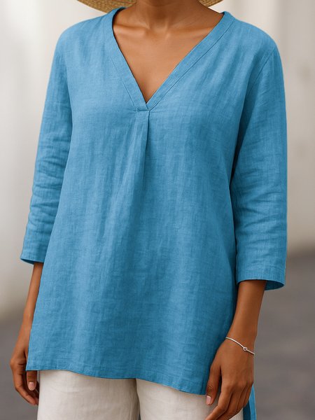 

Casual Plain V Neck Three Quarter Sleeve T-shirt, Blue, T-shirts