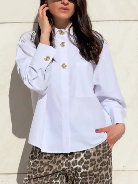 

Cotton Casual Plain Buttoned Shirt Collar Shirt, White, Blouses and Shirts