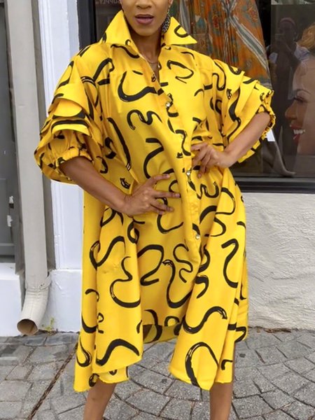 

Casual Random Print Balloon Sleeve Printing Shirt Collar Midi Dress, Yellow, Midi Dresses