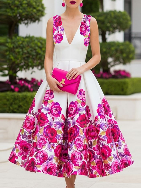 

Elegant Floral Printing Midi Dress, Pink, Midi Dresses