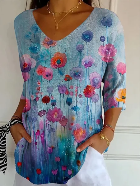 

Casual Floral V Neck Three Quarter Sleeve T-shirt, Blue, T-shirts