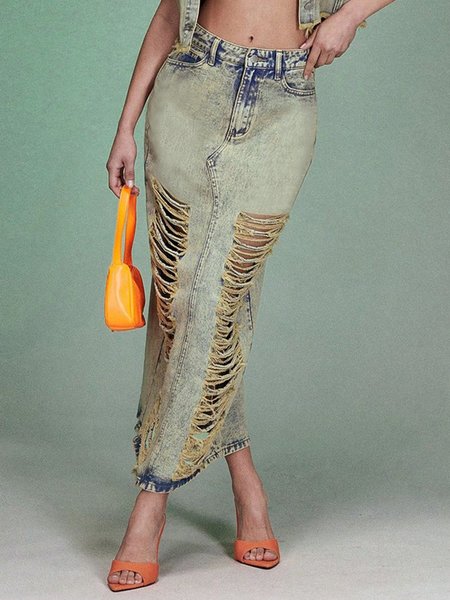 

Urban Distressing Plain Maxi Denim Skirt, Denim blue, Denim Skirts
