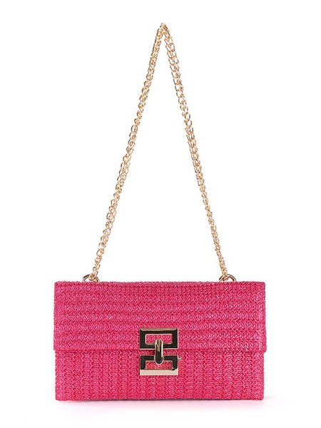

Holiday Style Multi-compartment Metal Chain Flip Cover Twist Lock Straw Bag Shoulder Bag Chain Lock Women Bag, Deep pink, Women's Bags