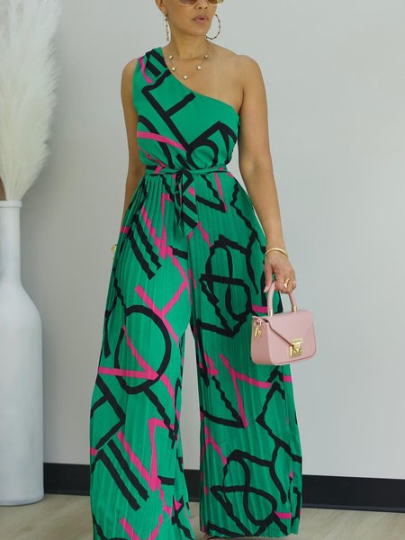 

Vacation Pleated Letter Pattern One Shoulder Tank Jumpsuit, Green, Jumpsuits