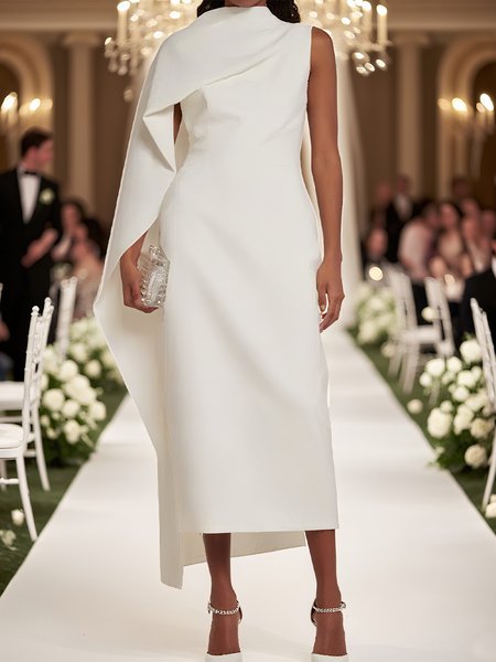 

Elegant Plain Asymmetric Midi Party Dress, White, Maxi Dresses