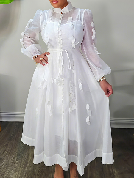

Elegant Plain 3D Floral Mock Neck Midi Dress, White, Midi Dresses