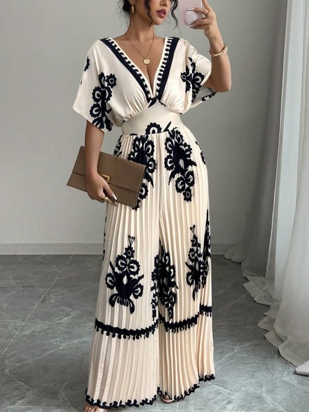 

Casual Raglan Sleeve Pleated Random Print V Neck Jumpsuit, As picture, Jumpsuits