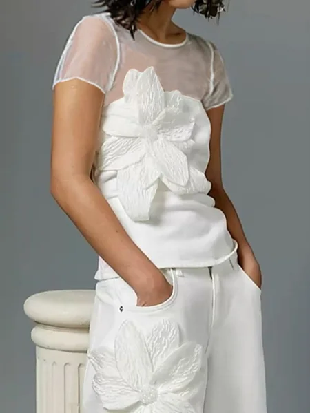 

Elegant Plain Split Joint Crew Neck Blouse, White, Blouses and Shirts