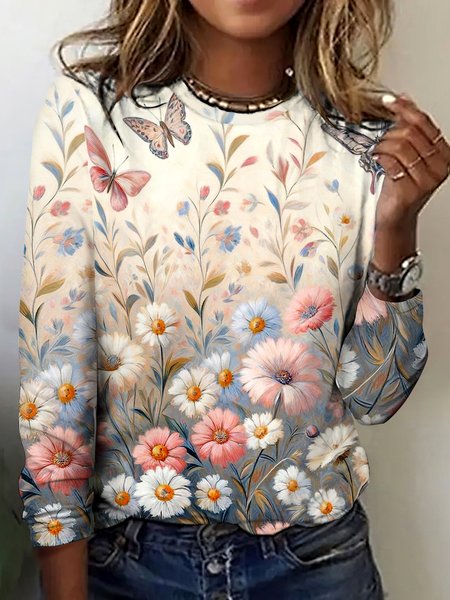 

Vintage Plaid Crew Neck Long Sleeve T-shirt, Apricot, T-shirts