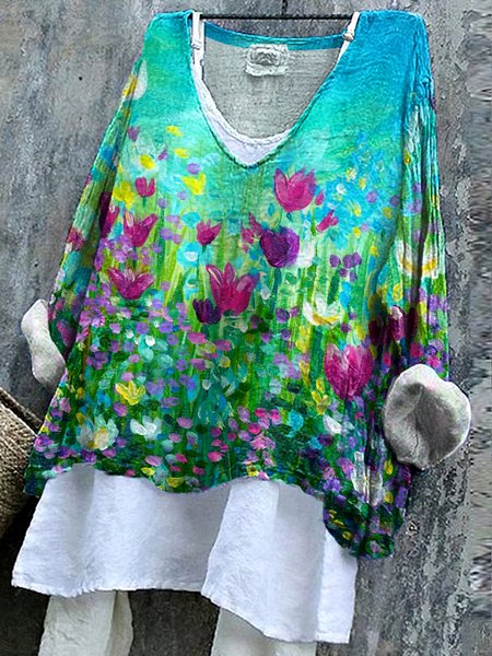 

V Neck Long Sleeve Floral Regular Micro-Elasticity Regular Fit Shirt For Women, Green, Shirts