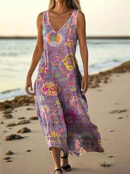 

Women Floral Summer Dress V Neck Sleeveless Tank A-Line Dress, Purple, Dresses