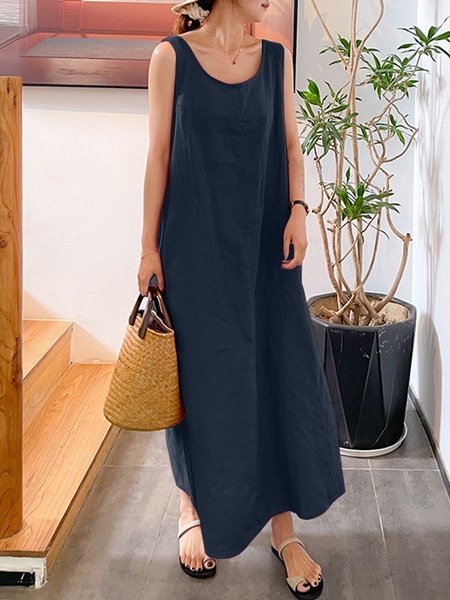 

Women Plain Sleeveless Summer Split Joint Dress Crew Neck Daily Vintage Maxi Tank A-Line Dress, Purplish blue, Dresses