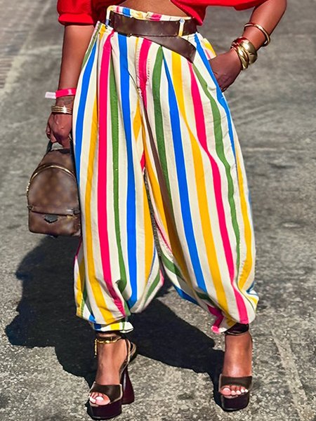 

Urban Striped Printing Fashion Pants No Belt, As picture, Pants