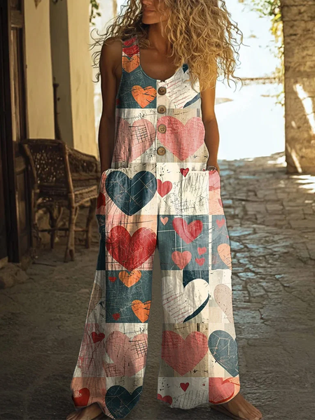 

Women Geometric Crew Neck Sleeveless Casual Summer Cotton Jumpsuit, As picture, Sets