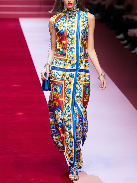 

Vacation Geometric Printing Turtleneck Maxi Dress, As picture, Maxi Dresses