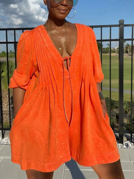 

Vacation Lace-up Plain V Neck T-Shirt Jumpsuit, Orange, Jumpsuits