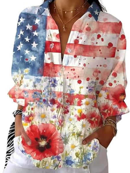 

Shirt Collar Long Sleeve Floral Regular Micro-Elasticity Regular Fit Shirt For Women, As picture, Shirts