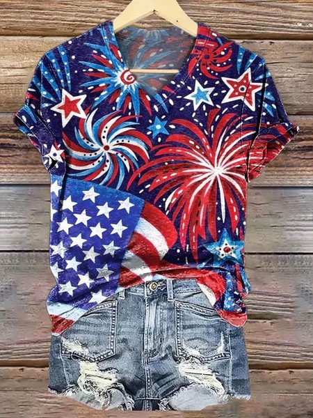 

Casual America Flag V Neck Short Sleeve T-shirt, Deep blue, T-shirts