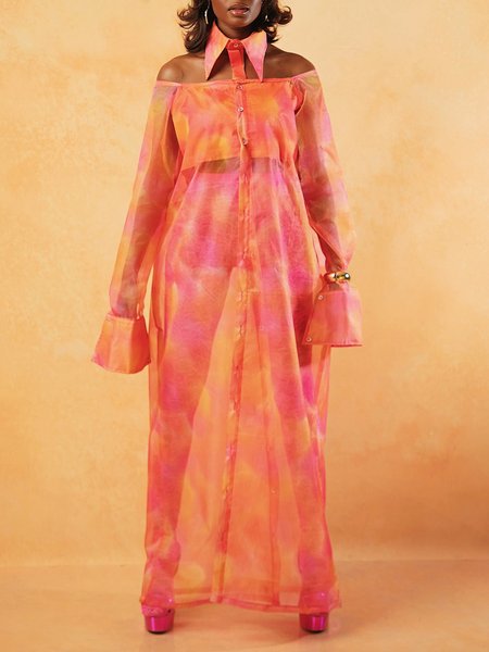

Elegant Random Print Hollow Out Shirt Collar Bell Sleeve Shirt, As picture, Blouses and Shirts