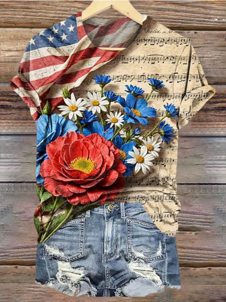 

Casual Floral Crew Neck Short Sleeve T-shirt, As picture, T-shirts