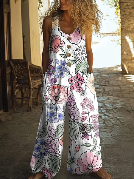 

Women Floral Crew Neck Sleeveless Casual Summer Cotton Jumpsuit, As picture, Sets