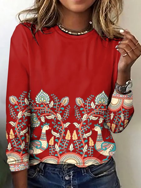 

Vintage Plaid Crew Neck Long Sleeve T-shirt, Red, T-shirts