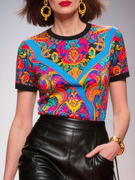 

Urban Floral Printing Crew Neck T-shirt, As picture, Tees