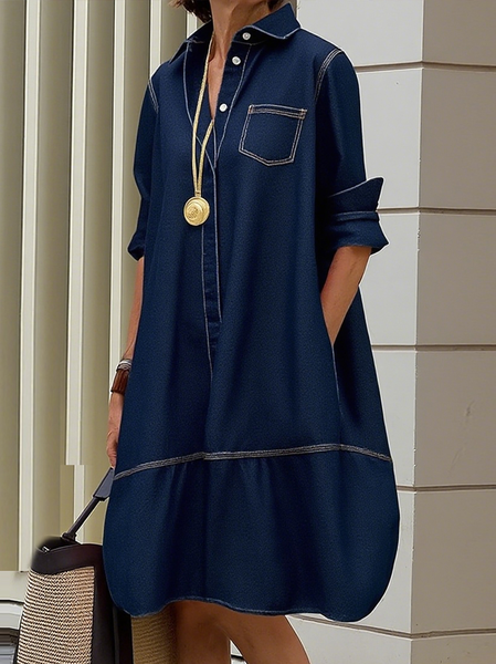 

Urban Plain Shirt Collar Knee Length Denim Dress, Blue, Midi Dresses