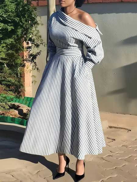 

Elegant Striped Asymmetrical Midi Dress, Blue, Midi Dresses