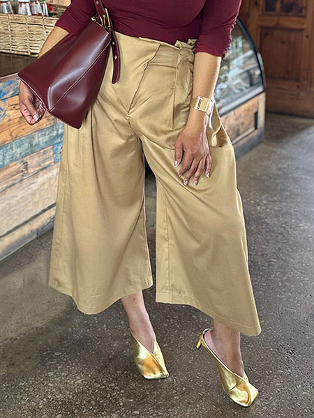 

Casual Plain Wide Leg Pants, Khaki, Pants