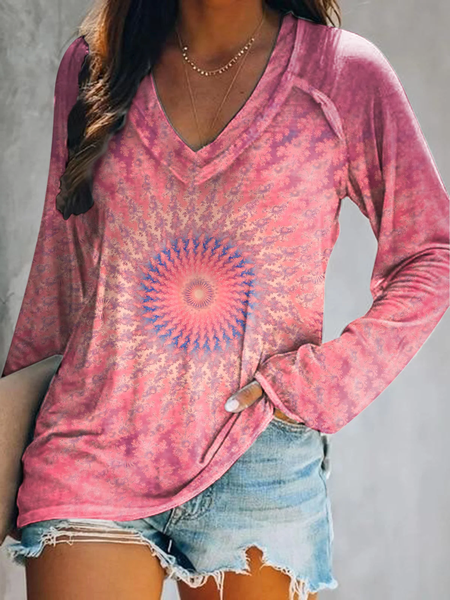 

Women Abstract Long Sleeve Blouse Spring/Fall Printing V Neck Daily Casual Top, Pink, T-Shirts