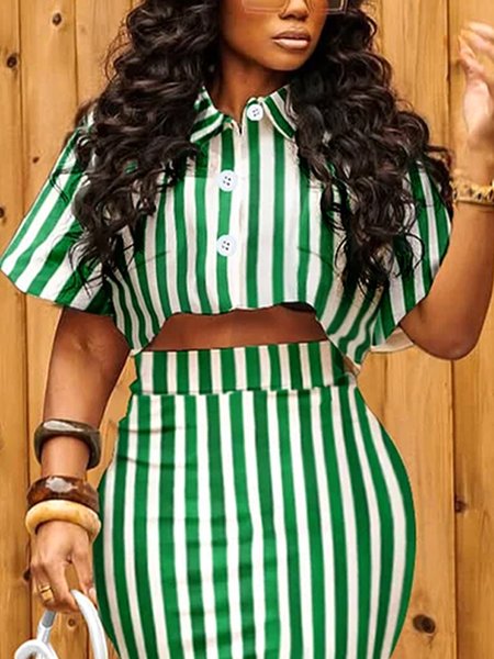 

Urban Striped Printing Shirt Collar Shirt, Green, Blouses and Shirts