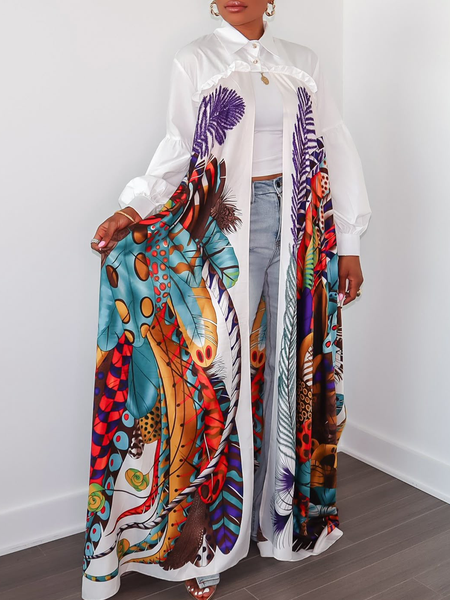 

Vacation Printing Floral Shirt Collar Kimono, As picture, Kimonos