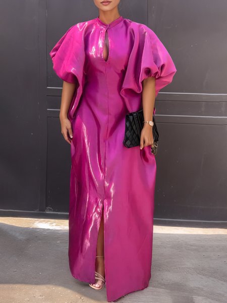 

Elegant Plain Balloon Sleeve Stand Collar Maxi Dress, Deep pink, Maxi Dresses