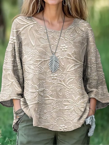 

Crew Neck Long Sleeve Floral Regular Micro-Elasticity Regular Fit Shirt For Women, Khaki, Blouses