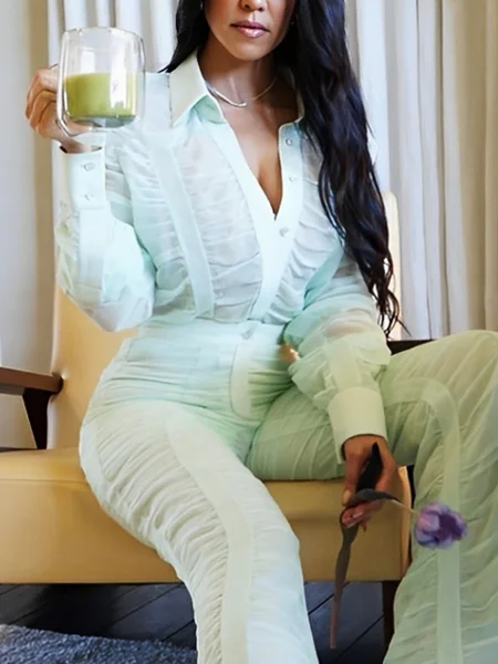 

Urban Plain Gathered Shirt Collar Shirt, Mint, Blouses and Shirts