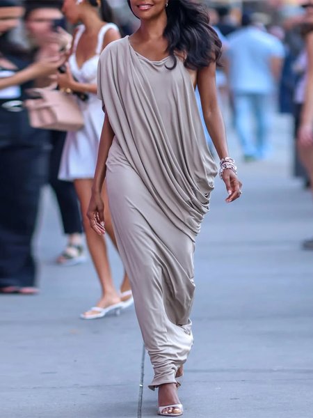 

Urban Plain Asymmetric Ruched Maxi Dress, As picture, Maxi Dresses