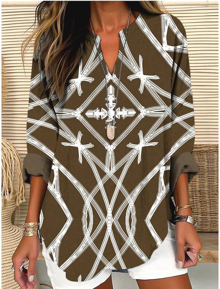 

V Neck Long Sleeve Geometric Regular Micro-Elasticity Regular Fit Shirt For Women, Brown, Shirts