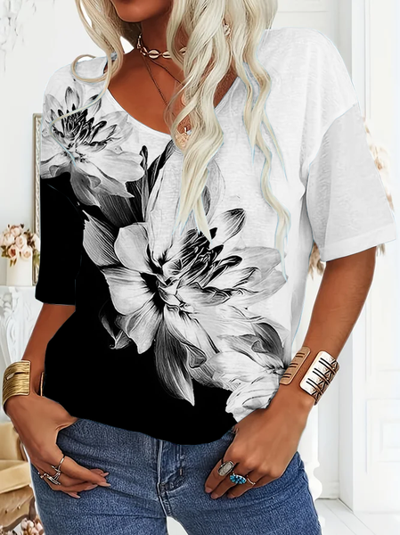 

Women Floral Short Sleeve Tee T-shirt V Neck Printing Casual Summer Graphic Tee Top, Black-white, T-Shirts