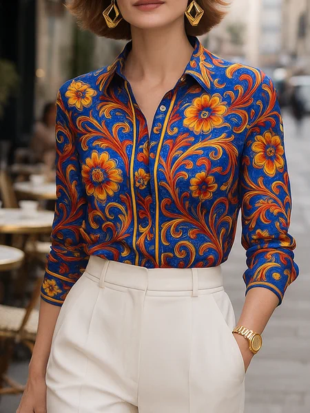 

Urban Floral Printing Shirt Collar Shirt, Blue, Blouses and Shirts