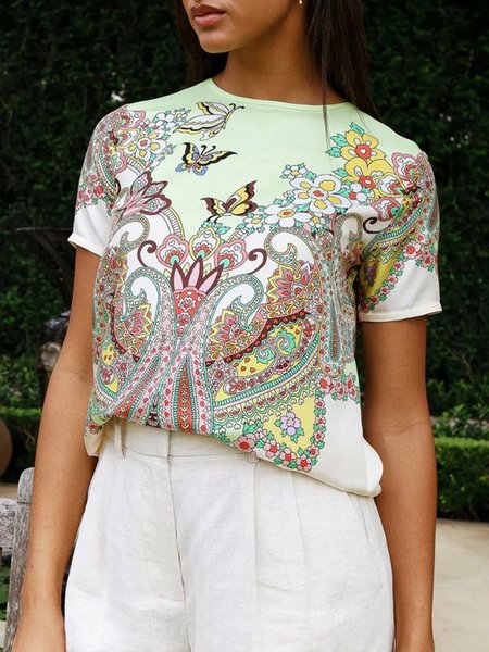 

Casual Floral Ethnic Printing Crew Neck T-shirt, As picture, Tees