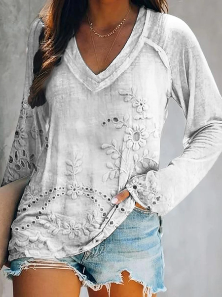 

Women Floral Long Sleeve Blouse Spring/Fall Printing V Neck Daily Casual Top, White, T-Shirts