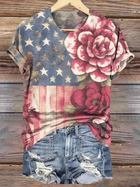 

Casual Floral Crew Neck Short Sleeve T-shirt, As picture, T-shirts