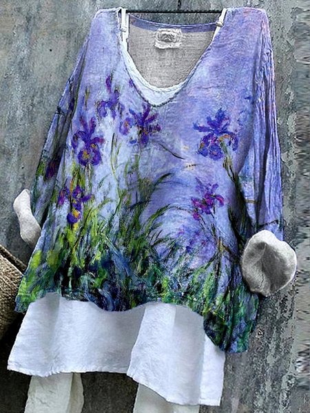 

V Neck Long Sleeve Floral Regular Micro-Elasticity Regular Fit Shirt For Women, Purple, Shirts