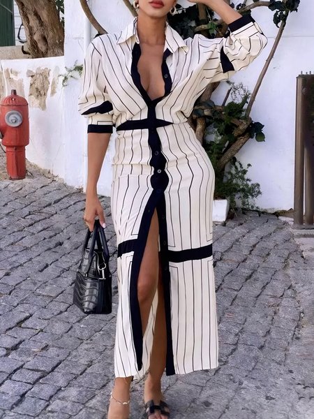 

Urban Striped Printing Shirt Collar Maxi Dress, As picture, Maxi Dresses